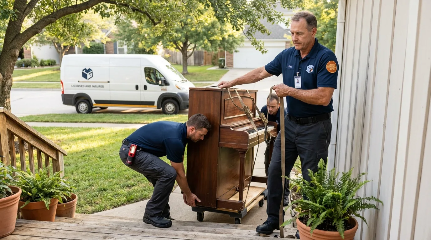 Licensed piano movers securing grand piano in Fairton, NJ