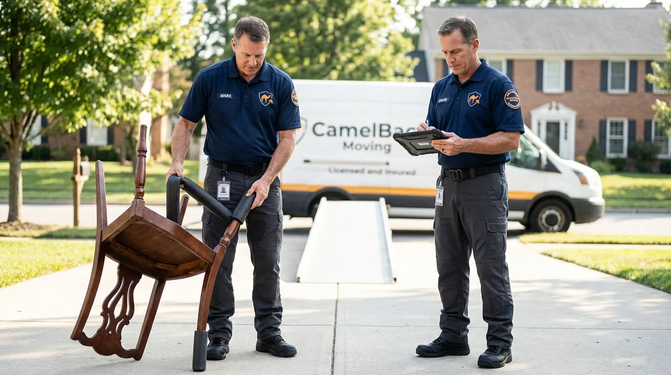 Movers inspecting furniture for damage prevention before loading in Fairton, NJ