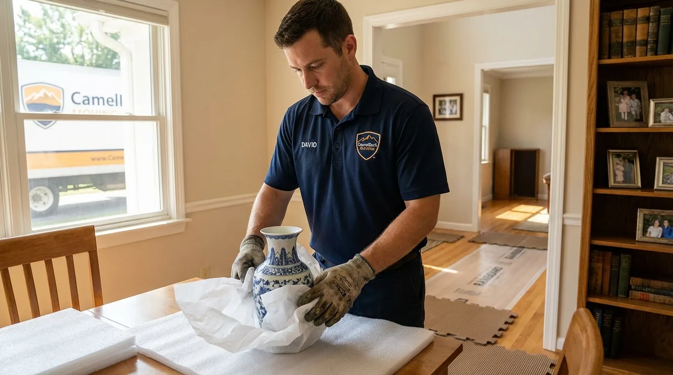 Professional crew carefully wrapping antique vase for senior downsizing move in Fairton, NJ